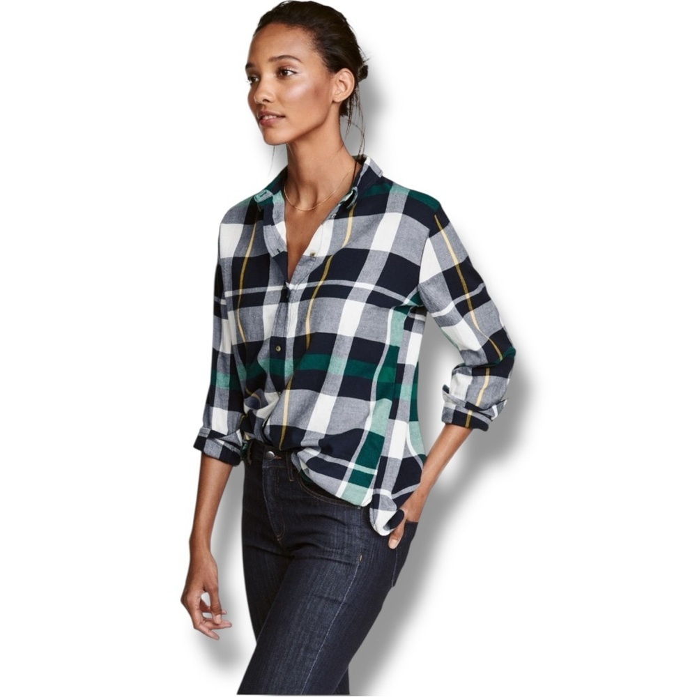 H&M Green, White, Yellow Classic Plaid Flannel Lightweight Button-Down Shirt
